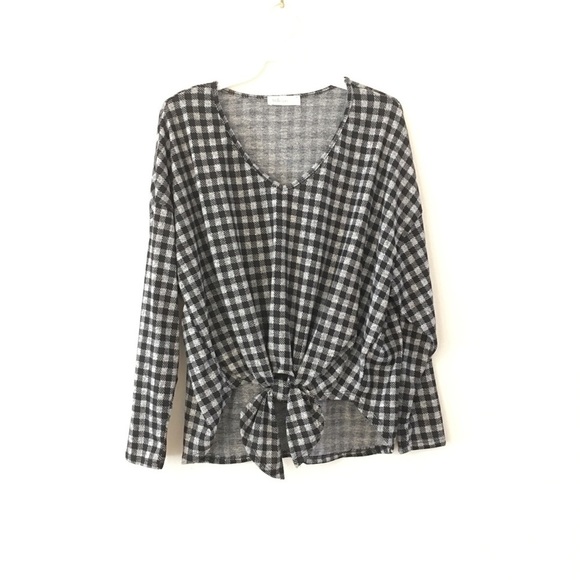 Gingham Long Sleeve Waist Knot Tie Tunic Top Black - Picture 4 of 7